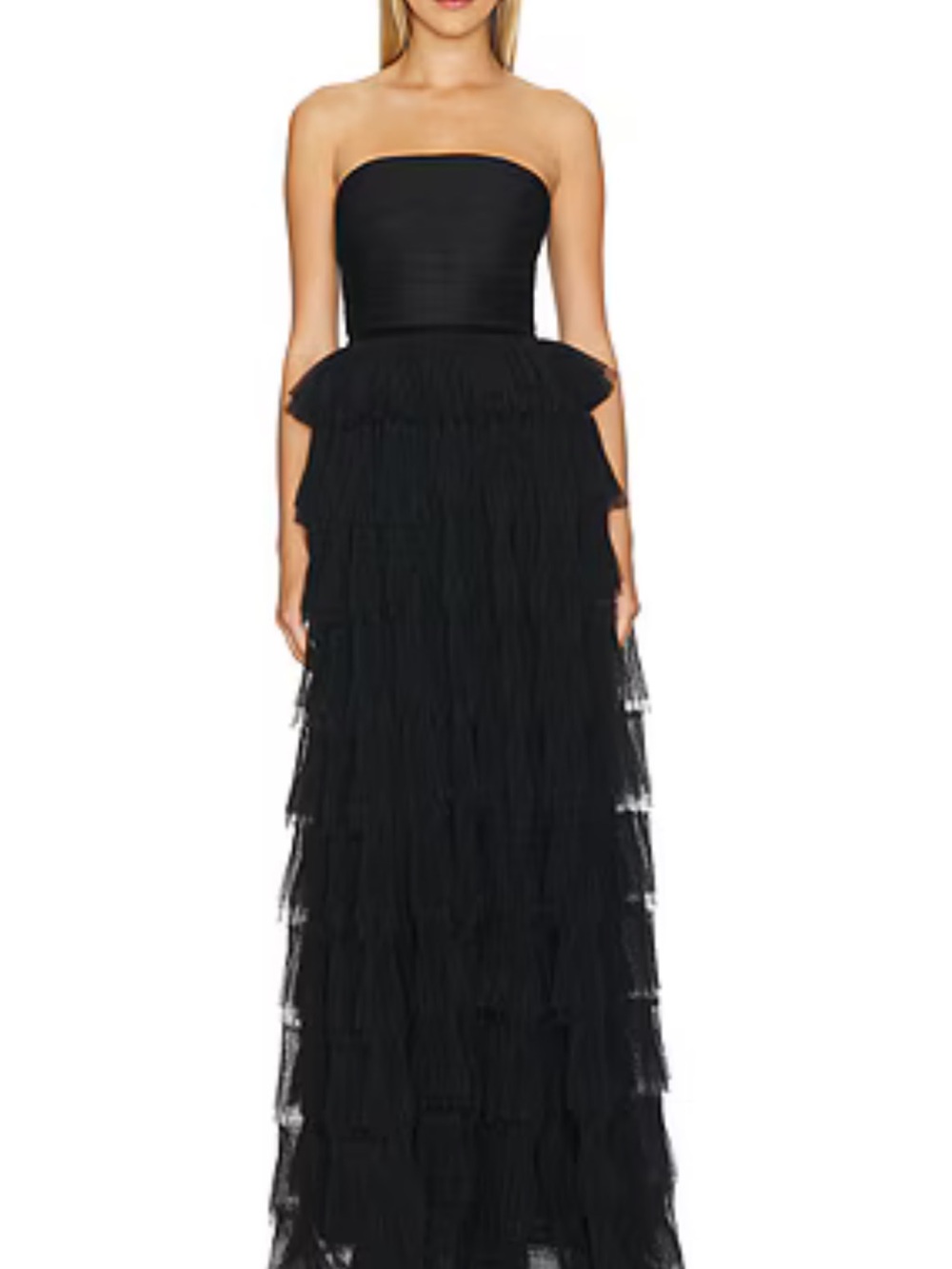 Sau Lee Scarlette Strapless Black Tiered Tulle Evening Gown